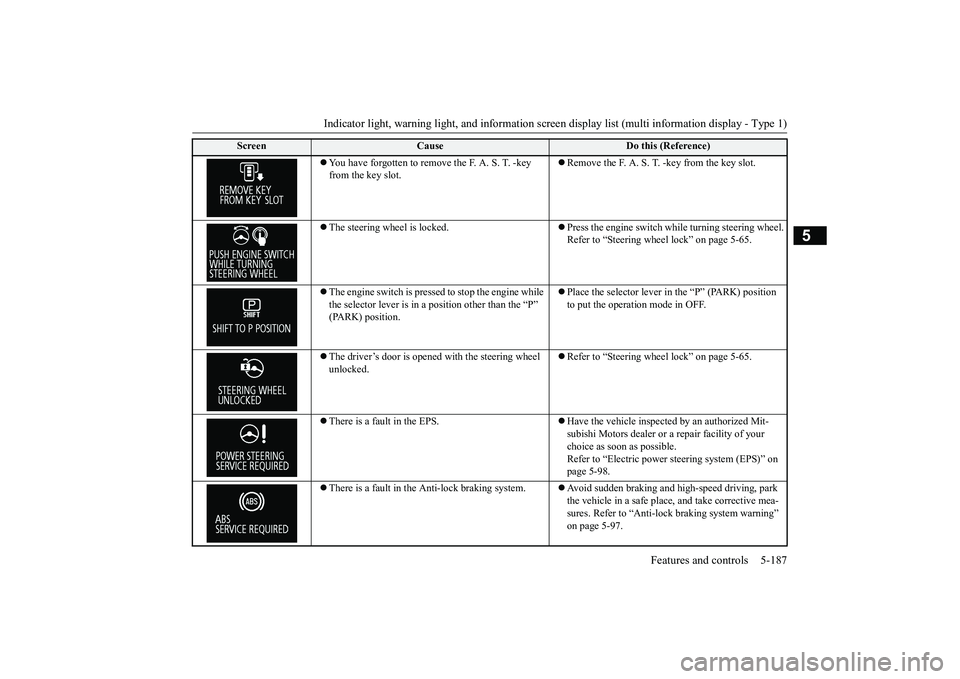 MITSUBISHI OUTLANDER 2019 Owners Manual (in English) Indicator light, warning light, and information screen display list (multi information display - Type 1)
Features and controls 5-187
5
You have forgotten to remove
the F. A. S. T. -key
from th MITSUBISHI OUTLANDER 2019 Owners Manual (in English) Indicator light, warning light, and information screen display list (multi information display - Type 1)
Features and controls 5-187
5
You have forgotten to remove
the F. A. S. T. -key
from th