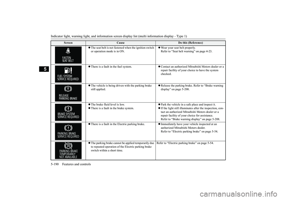 MITSUBISHI OUTLANDER 2019 Owners Manual (in English) Indicator light, warning light, and information screen display list (multi information display - Type 1) 5-190 Features and controls
5
The seat belt is not fasten
ed when the ignition switch
or MITSUBISHI OUTLANDER 2019 Owners Manual (in English) Indicator light, warning light, and information screen display list (multi information display - Type 1) 5-190 Features and controls
5
The seat belt is not fasten
ed when the ignition switch
or