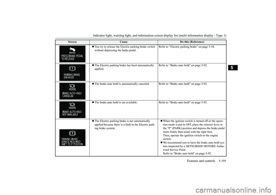 MITSUBISHI OUTLANDER 2019 Owners Manual (in English) Indicator light, warning light, and information screen display list (multi information display - Type 1)
Features and controls 5-191
5
You try to release the Elec
tric parking brake switch
with MITSUBISHI OUTLANDER 2019 Owners Manual (in English) Indicator light, warning light, and information screen display list (multi information display - Type 1)
Features and controls 5-191
5
You try to release the Elec
tric parking brake switch
with
