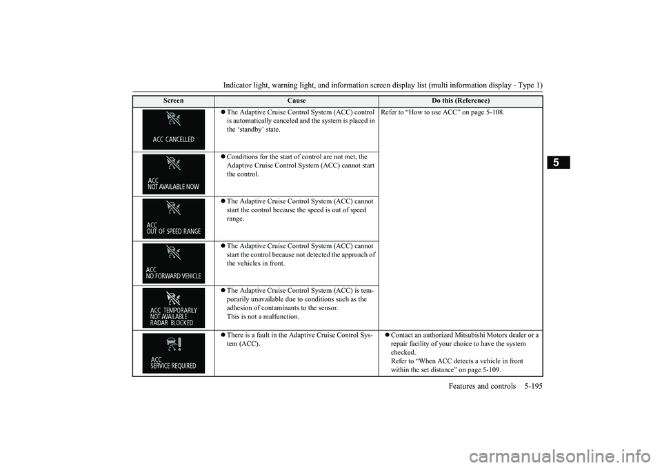 MITSUBISHI OUTLANDER 2019 Owners Manual (in English) Indicator light, warning light, and information screen display list (multi information display - Type 1)
Features and controls 5-195
5
The Adaptive Cruise Control System (ACC) control is automat MITSUBISHI OUTLANDER 2019 Owners Manual (in English) Indicator light, warning light, and information screen display list (multi information display - Type 1)
Features and controls 5-195
5
The Adaptive Cruise Control System (ACC) control is automat