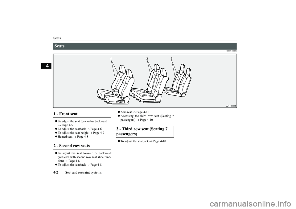 MITSUBISHI OUTLANDER 2019   (in English) Owners Guide Seats 4-2 Seat and restraint systems
4
N00408401636
 To adjust the seat forward or backward    Page 4-5 
 To adjust the seatback 
 Page 4-6 
 To adjust the seat height 
 Page 4-7 
