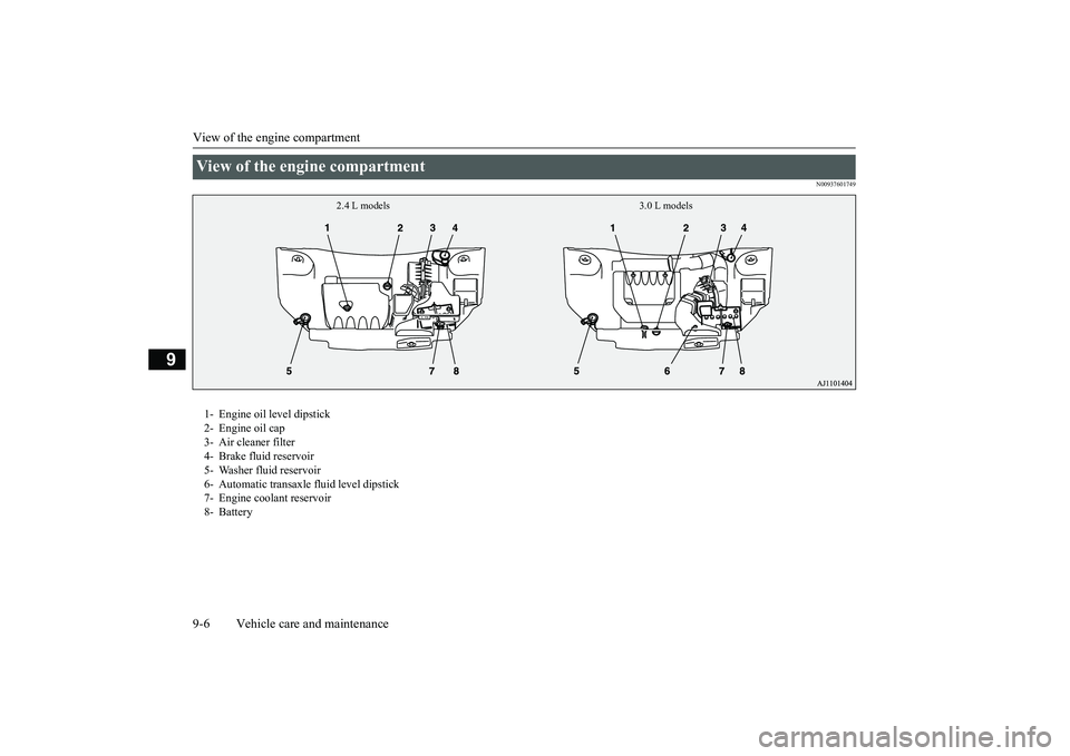 MITSUBISHI OUTLANDER 2019 Owners Manual (in English) View of the engine compartment 9-6 Vehicle care and maintenance
9
N00937601749
View of the engine compartment
2.4 L models 3.0 L models
1- Engine oil level dipstick 2- Engine oil cap 3- Air cleaner f MITSUBISHI OUTLANDER 2019 Owners Manual (in English) View of the engine compartment 9-6 Vehicle care and maintenance
9
N00937601749
View of the engine compartment
2.4 L models 3.0 L models
1- Engine oil level dipstick 2- Engine oil cap 3- Air cleaner f