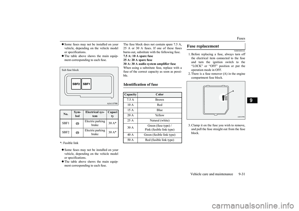 MITSUBISHI OUTLANDER 2019  Owners Manual (in English) Fuses 
Vehicle care and maintenance 9-31
9
 Some fuses may not be installed on your vehicle, depending on  
the vehicle model 
or specifications.  The table above show
s the main equip- 
ment co