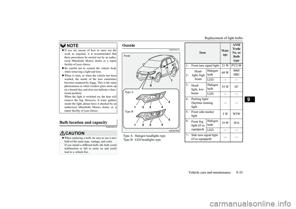 MITSUBISHI OUTLANDER 2019  Owners Manual (in English) Replacement of light bulbs 
Vehicle care and maintenance 9-33
9
N00943001214 
N00950302131
NOTE
 If you are unsure of how to carry out the work as required, it is recommended thatthese procedures b