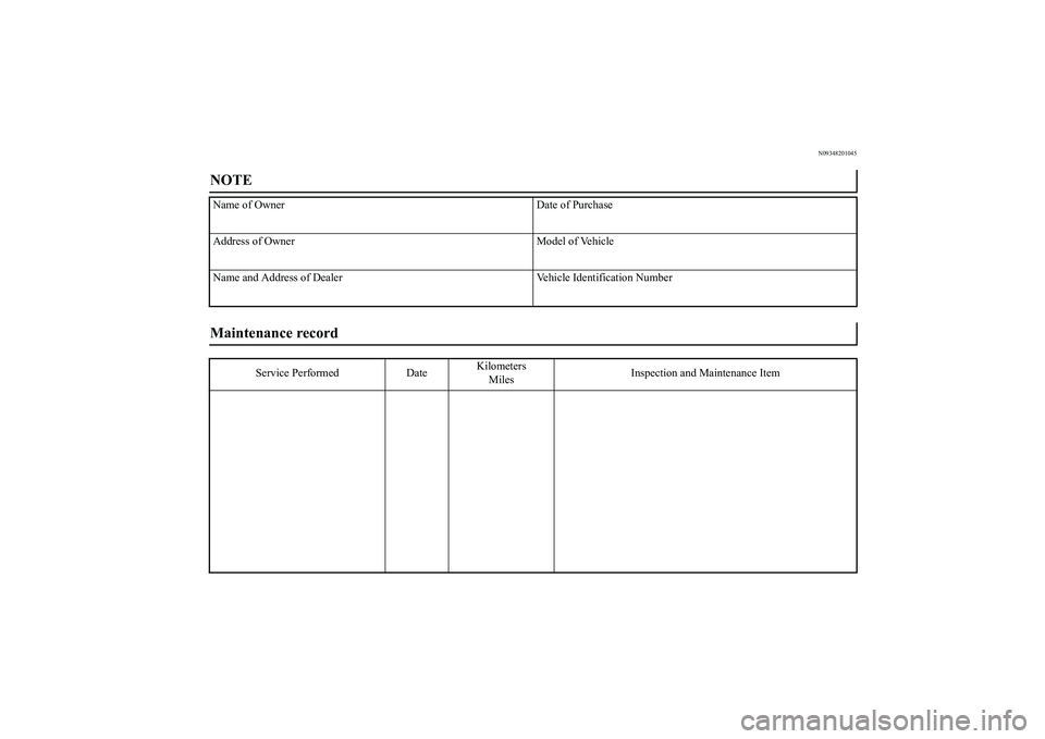 MITSUBISHI OUTLANDER 2019  Owners Manual (in English) N09348201045
NOTE Name of Owner Date of Purchase
Address of Owner Model of Vehicle
Name and Address of Dealer Vehicle Identification NumberMaintenance record 
Service Performed DateKilometers
MilesIns