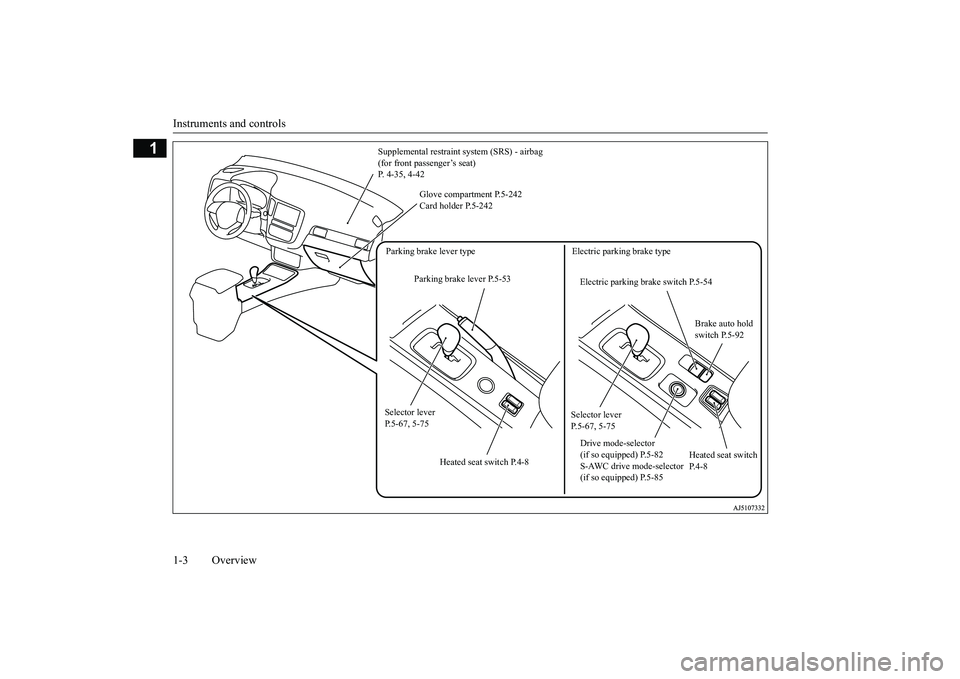 MITSUBISHI OUTLANDER 2019  Owners Manual (in English) Instruments and controls 1-3 Overview
1
Supplemental restraint system (SRS) - airbag  (for front passenger’s seat)  P. 4-35, 4-42 
Glove compartment P.5-242 Card holder P.5-242 
Selector lever  P.5-