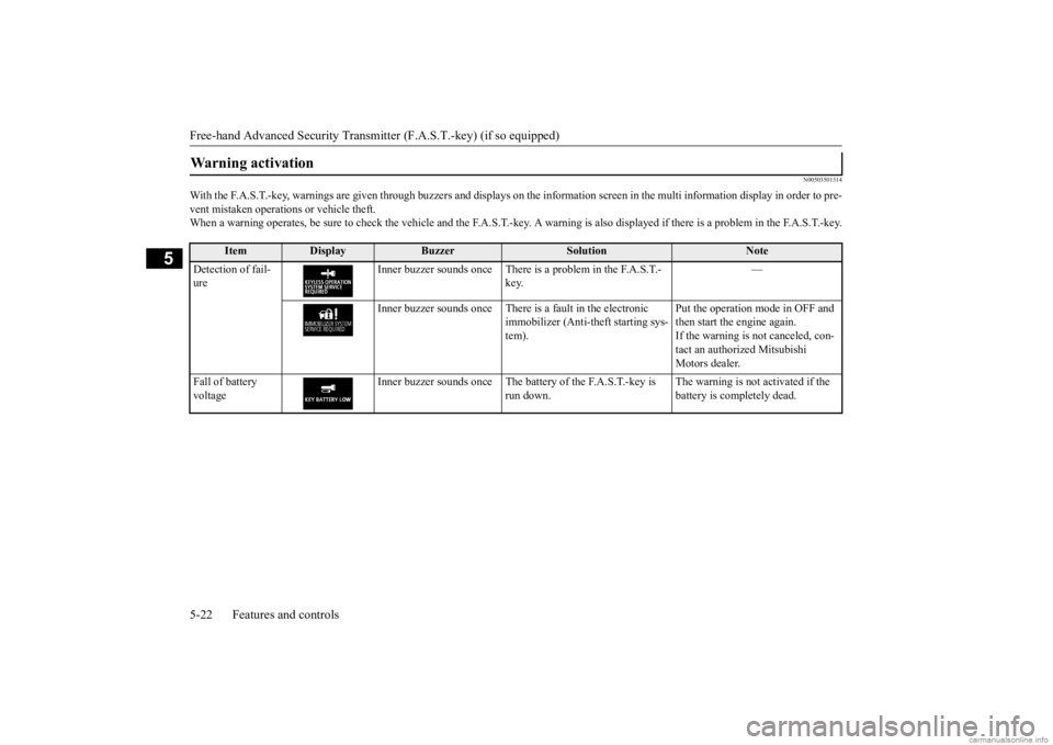 MITSUBISHI OUTLANDER 2020 Owners Manual (in English) Free-hand Advanced
Security Transmitter (F.A.S
.T.-key) (if so equipped)
5-22 Features and controls
5
N00503501314
With the F.A.S.T.-key, warnings are given through buzzers and di
splays on the inf MITSUBISHI OUTLANDER 2020 Owners Manual (in English) Free-hand Advanced
Security Transmitter (F.A.S
.T.-key) (if so equipped)
5-22 Features and controls
5
N00503501314
With the F.A.S.T.-key, warnings are given through buzzers and di
splays on the inf