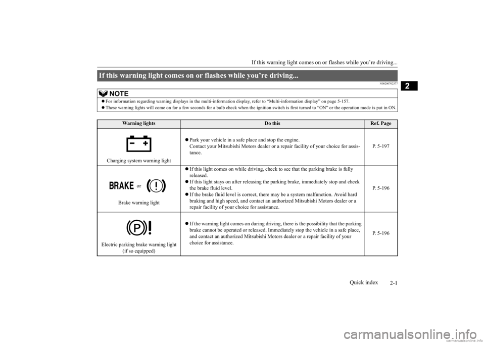 MITSUBISHI OUTLANDER 2020  Owners Manual (in English) 2-1
2
If this warning light comes on or
 flashes while you’re driving...
Quick index
N00200702377
If this warning light comes on 
or flashes while you’re driving... 
NOTE
For information regard