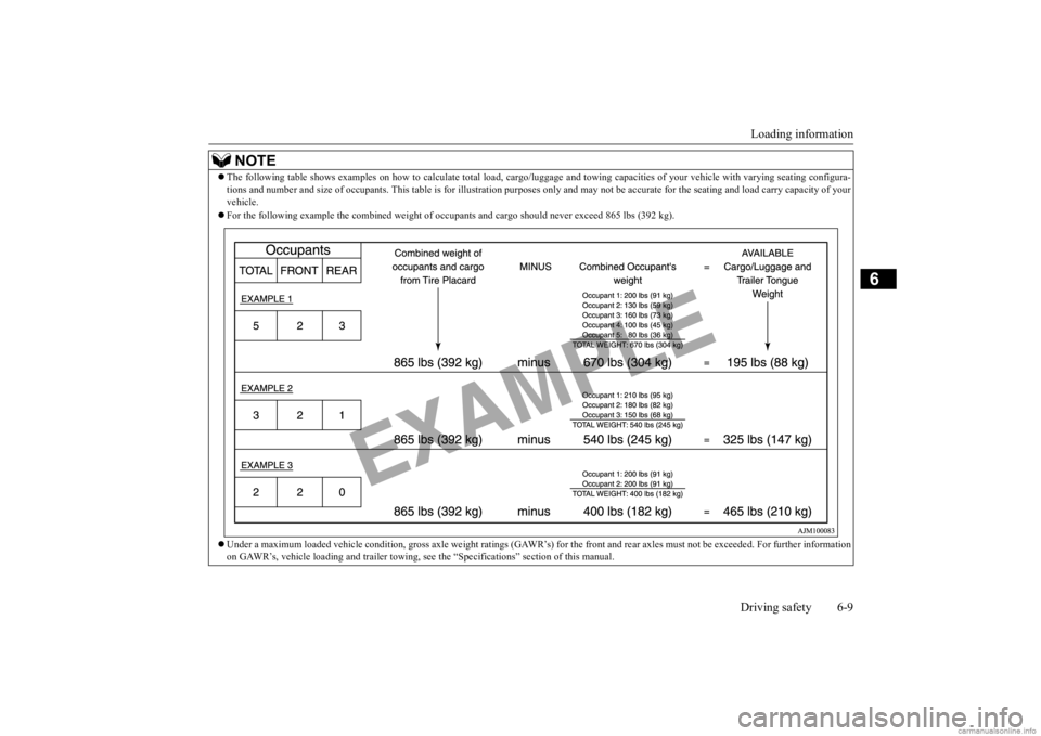 MITSUBISHI OUTLANDER 2020 Owners Manual (in English) Loading information Driving safety 6-9
6
NOTE
The following table shows examples on how to
calculate tota
l load, cargo/luggage and towing capa
cities of your vehicle with var
ying seating config MITSUBISHI OUTLANDER 2020 Owners Manual (in English) Loading information Driving safety 6-9
6
NOTE
The following table shows examples on how to
calculate tota
l load, cargo/luggage and towing capa
cities of your vehicle with var
ying seating config