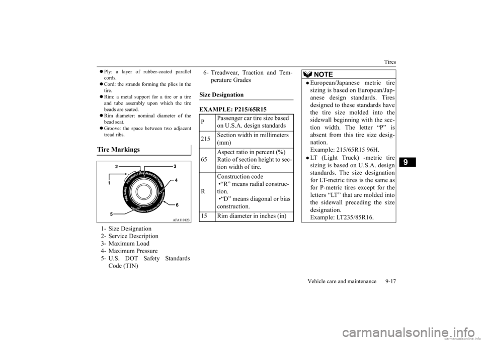 MITSUBISHI OUTLANDER 2020 Owners Manual (in English) Tires
Vehicle care and maintenance 9-17
9
Ply: a layer of rubber-coated parallel cords. Cord: the strands forming the plies in the tire. Rim: a metal support for a tire or a tire and tube MITSUBISHI OUTLANDER 2020 Owners Manual (in English) Tires
Vehicle care and maintenance 9-17
9
Ply: a layer of rubber-coated parallel cords. Cord: the strands forming the plies in the tire. Rim: a metal support for a tire or a tire and tube