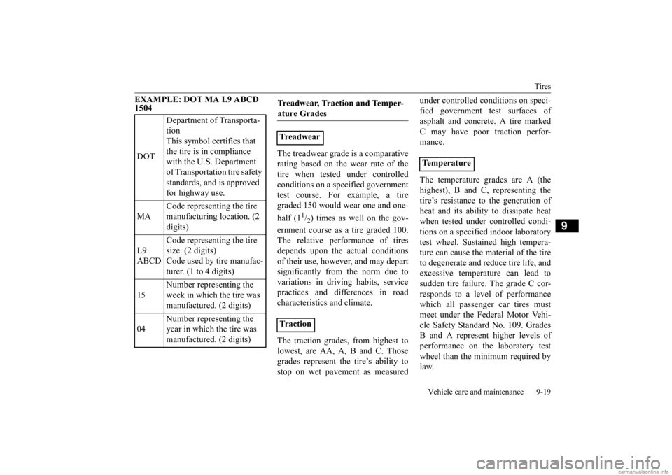 MITSUBISHI OUTLANDER 2020  Owners Manual (in English) Tires 
Vehicle care and maintenance 9-19
9
EXAMPLE: DOT MA L9 ABCD  1504 
The treadwear grade is a comparative rating based on the wear rate of thetire when tested under controlled conditions on a spe