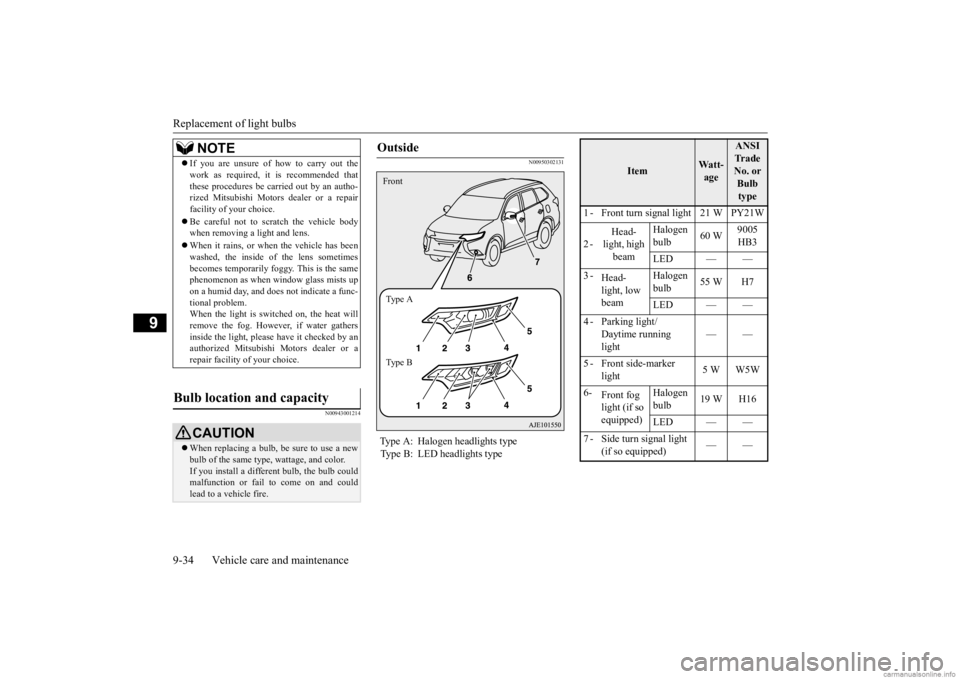 MITSUBISHI OUTLANDER 2020 Owners Manual (in English) Replacement of light bulbs 9-34 Vehicle care and maintenance
9
N00943001214
N00950302131
NOTE
If you are unsure of how to carry out the work as required, it is recommended thatthese procedures be MITSUBISHI OUTLANDER 2020 Owners Manual (in English) Replacement of light bulbs 9-34 Vehicle care and maintenance
9
N00943001214
N00950302131
NOTE
If you are unsure of how to carry out the work as required, it is recommended thatthese procedures be