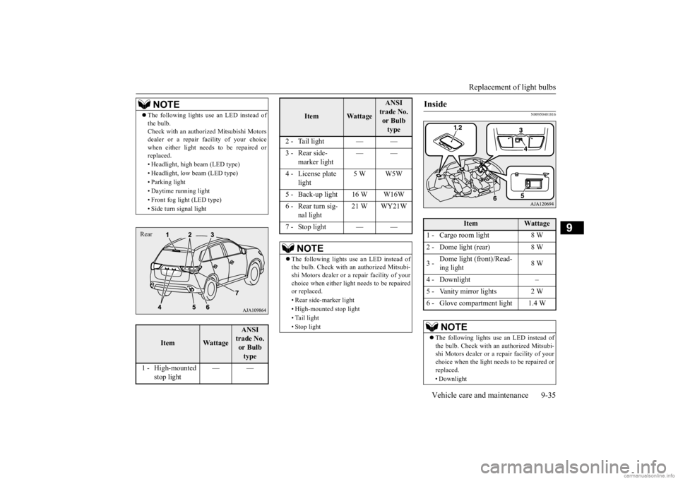 MITSUBISHI OUTLANDER 2020 Owners Manual (in English) Replacement of light bulbs
Vehicle care and maintenance 9-35
9
N00950401816
NOTE
The following lights us
e an LED instead of
the bulb.Check with an authorized Mitsubishi Motorsdealer or a repair MITSUBISHI OUTLANDER 2020 Owners Manual (in English) Replacement of light bulbs
Vehicle care and maintenance 9-35
9
N00950401816
NOTE
The following lights us
e an LED instead of
the bulb.Check with an authorized Mitsubishi Motorsdealer or a repair
