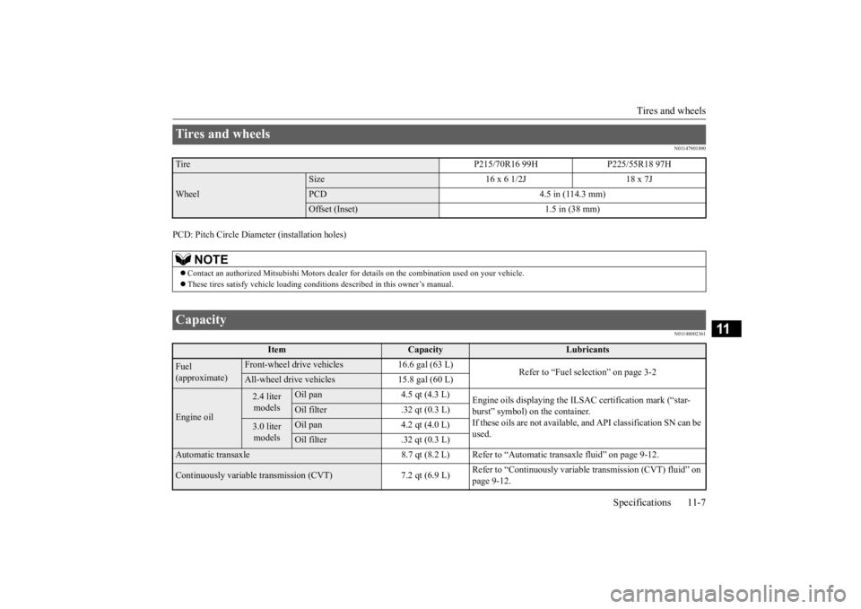 MITSUBISHI OUTLANDER 2020 Owners Manual (in English) Tires and wheels
Specifications 11-7
11
N01147901890
PCD: Pitch Circle
Diameter (ins
tallation holes)
N01148002361
Tires and wheels Tire P215/70R16 99H P225/55R18 97HWheel
Size 16 x 6 1/2J 18 x 7JP MITSUBISHI OUTLANDER 2020 Owners Manual (in English) Tires and wheels
Specifications 11-7
11
N01147901890
PCD: Pitch Circle
Diameter (ins
tallation holes)
N01148002361
Tires and wheels Tire P215/70R16 99H P225/55R18 97HWheel
Size 16 x 6 1/2J 18 x 7JP