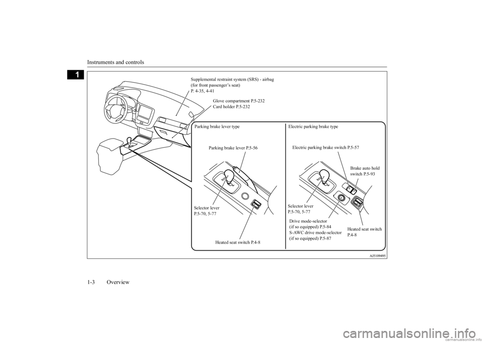 MITSUBISHI OUTLANDER 2020  Owners Manual (in English) Instruments and controls 1-3 Overview
1
Supplemental restraint  
system (SRS) - airbag  
(for front passenger’s seat) P. 4-35, 4-41 
Glove compartment P.5-232 Card holder P.5-232 
Selector lever  P.
