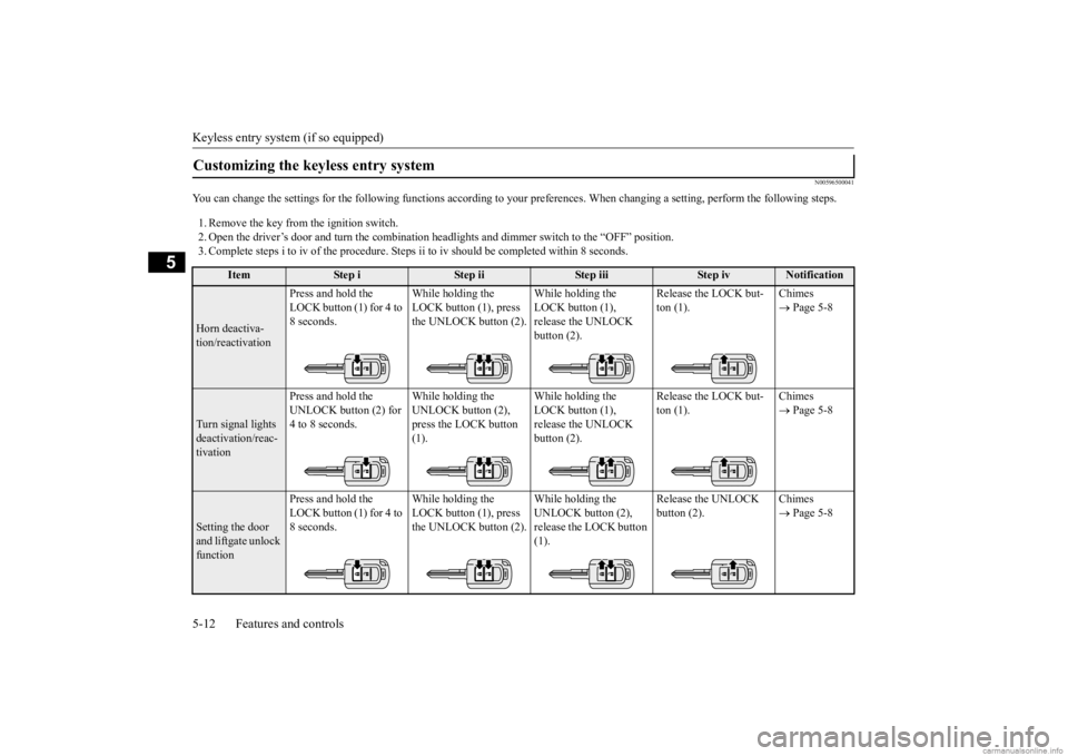 MITSUBISHI OUTLANDER 2020  Owners Manual (in English) Keyless entry system (if so equipped) 5-12 Features and controls
5
N00596500041
You can change the settings for the follow 
ing functions according to your preferences.
 When changing a setting, perfo