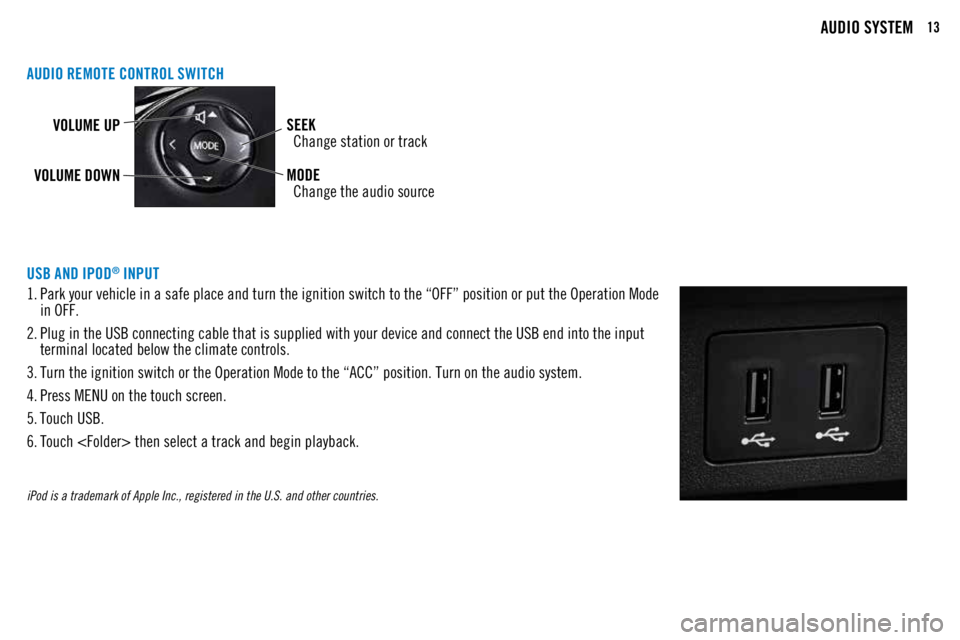 MITSUBISHI OUTLANDER SPORT 2018   (in English) User Guide 13AUDIO SYSTEM
AUDIO REMOTE CONTROL SWITCH
VOLUME UPSEEK
 
Change station or track
VOLUME DOWN MODE
 
Change the audio source
USB AND IPOD® INPUT
1.  Park your vehicle in a safe place and turn the ig