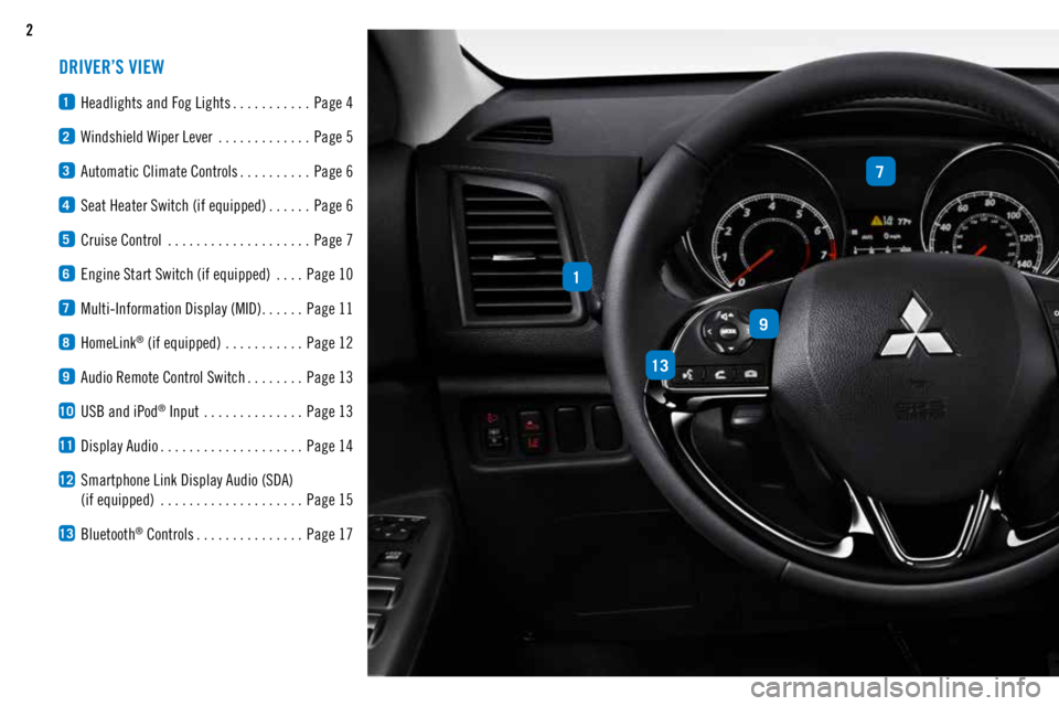 MITSUBISHI OUTLANDER SPORT 2018  Owners Manual (in English) 2
DRIVER’S VIEW
1 Headlights and Fog Lights ...........
Page 4
2 Windshield Wiper Lever
 .............Page 5
3 Automatic Climate Controls ..........
Page 6
4 Seat Heater Switch (if equipped) ......
