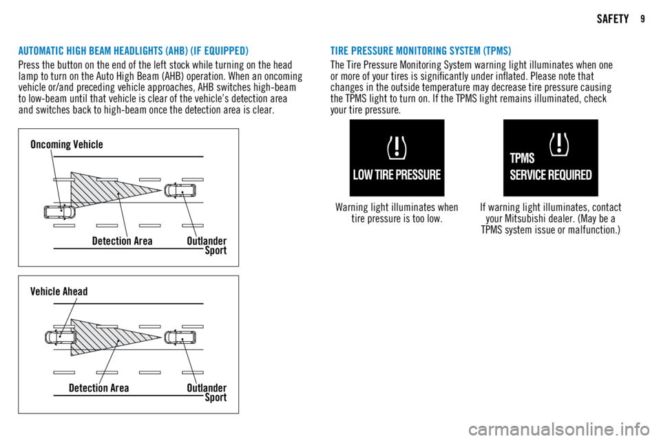 MITSUBISHI OUTLANDER SPORT 2018 Owners Manual (in English) 9SAFETY
AUTOMATIC HIGH BEAM HEADLIGHTS (AHB) (IF EQUIPPED)
Press the button on the end of the left stock while turning on the head
lamp to turn on the Auto High Beam (AHB) operation. When an oncoming MITSUBISHI OUTLANDER SPORT 2018 Owners Manual (in English) 9SAFETY
AUTOMATIC HIGH BEAM HEADLIGHTS (AHB) (IF EQUIPPED)
Press the button on the end of the left stock while turning on the head
lamp to turn on the Auto High Beam (AHB) operation. When an oncoming
