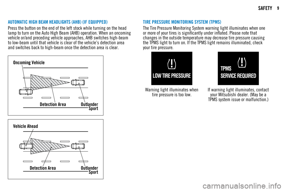 MITSUBISHI OUTLANDER SPORT 2018  Owners Manual (in English) 9SAFETY
AUTOMATIC HIGH BEAM HEADLIGHTS (AHB) (IF EQUIPPED)
Press the button on the end of the left stock while turning on the head 
lamp to turn on the Auto High Beam (AHB) operation. When an oncoming