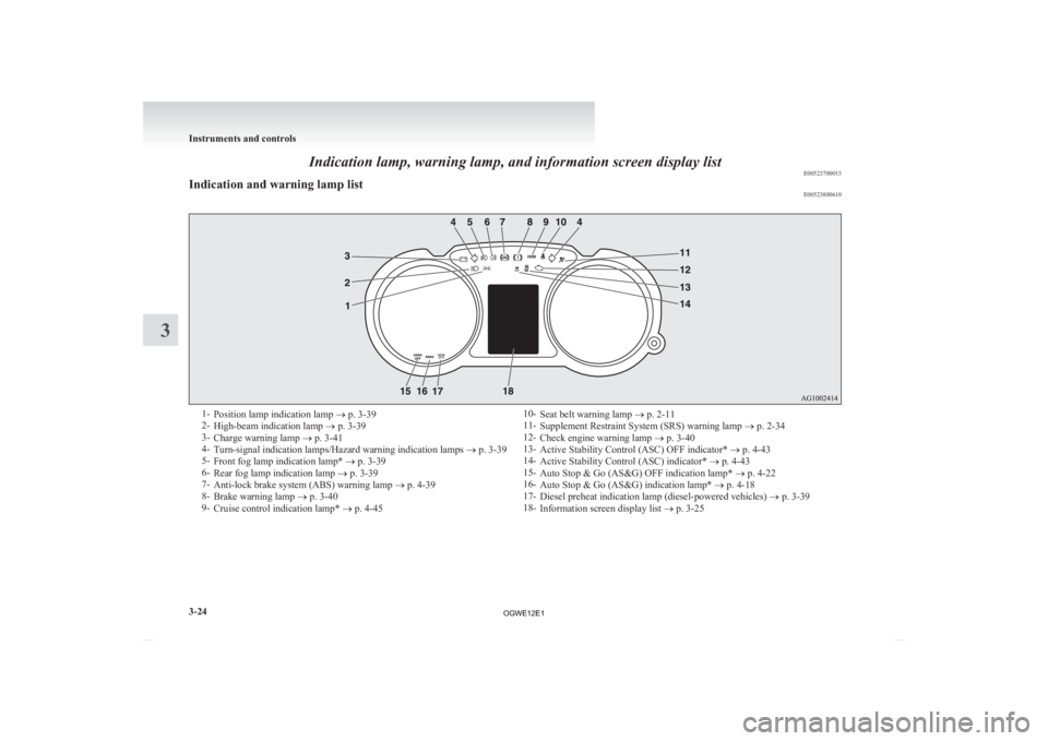 MITSUBISHI ASX 2012  Owners Manual (in English) Indication lamp, warning lamp, and information screen display list
E00523700013
Indication and warning lamp list E005238006101-
Position lamp indication lamp  ® p. 3-39
2- High-beam indication lamp  