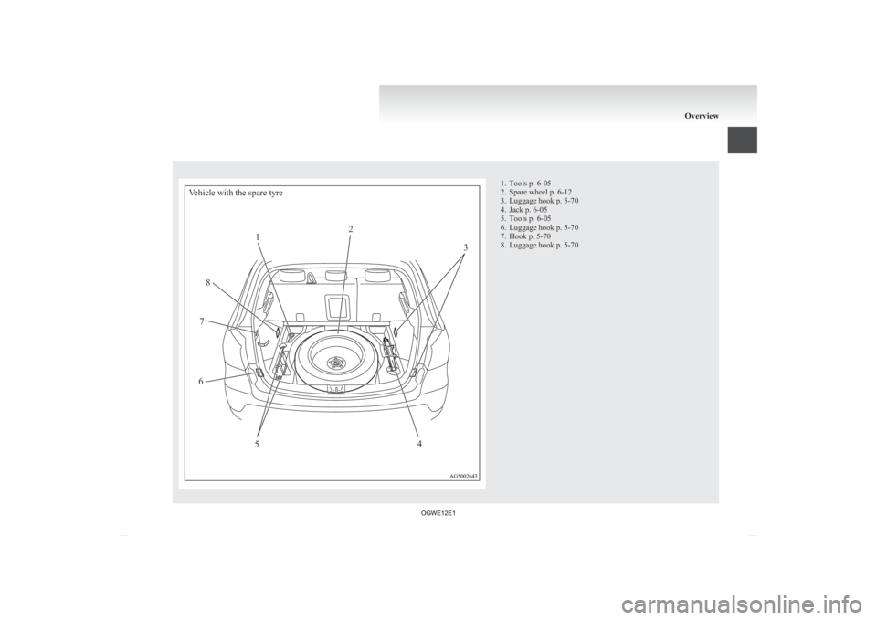 MITSUBISHI ASX 2012   (in English) User Guide Vehicle with the spare tyre1 2
3
4
5
6
7
8 1. Tools p. 6-05
2.
Spare wheel p. 6-12
3. Luggage hook p. 5-70
4. Jack p. 6-05
5. Tools p. 6-05
6. Luggage hook p. 5-70
7. Hook p. 5-70
8. Luggage hook p. 5