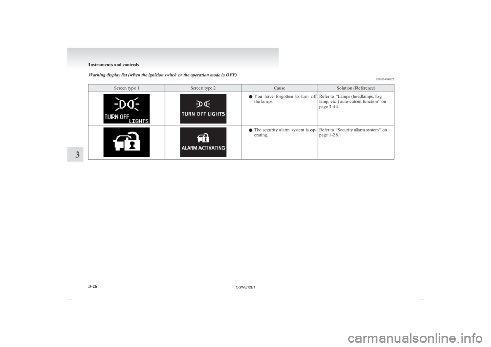 MITSUBISHI ASX 2012 Owners Manual (in English) Warning display list (when the ignition switch or the operation mode is OFF)
E00524000622Screen type 1 Screen type 2 Cause Solution (Reference)
l
You have forgotten to turn off
the lamps. Refer t MITSUBISHI ASX 2012 Owners Manual (in English) Warning display list (when the ignition switch or the operation mode is OFF)
E00524000622Screen type 1 Screen type 2 Cause Solution (Reference)
l
You have forgotten to turn off
the lamps. Refer t