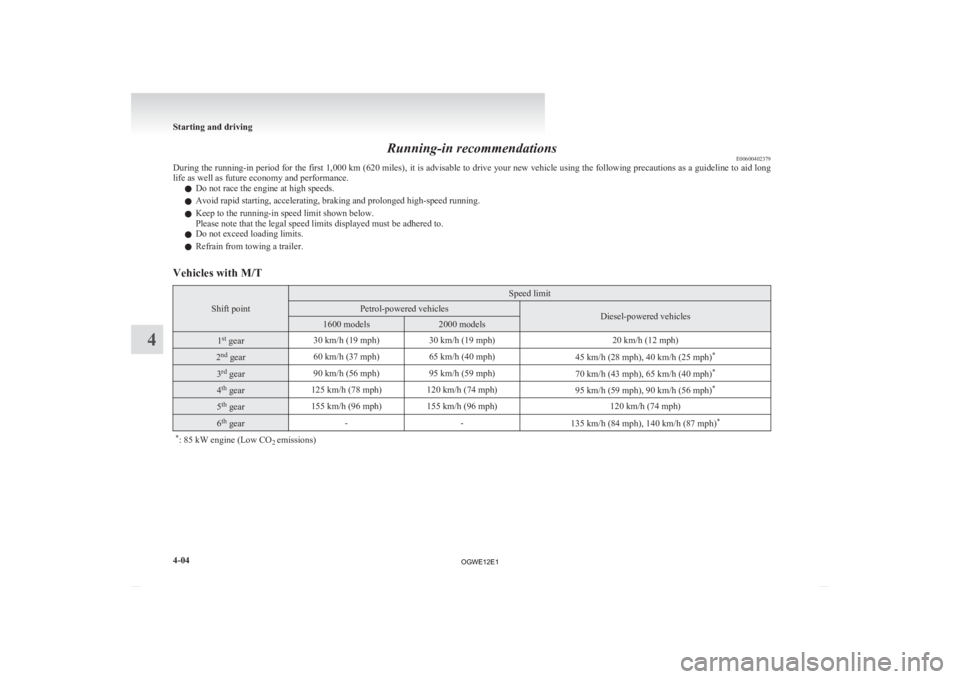 MITSUBISHI ASX 2012 Owners Manual (in English) Running-in recommendations
E00600402379
During
the running-in period for the first 1,000 km (620 miles), it is advisable to drive your new vehicle using the following precautions as a guideline to ai MITSUBISHI ASX 2012 Owners Manual (in English) Running-in recommendations
E00600402379
During
the running-in period for the first 1,000 km (620 miles), it is advisable to drive your new vehicle using the following precautions as a guideline to ai