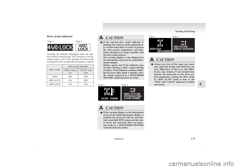 MITSUBISHI ASX 2012 Owners Manual (in English) Drive mode indicator
Type 1 Type 2 Normally the indicator illuminates when the igni-
tion
switch is turned to the “ON” position or the op-
eration mode is put in ON, and then the drive mod MITSUBISHI ASX 2012 Owners Manual (in English) Drive mode indicator
Type 1 Type 2 Normally the indicator illuminates when the igni-
tion
switch is turned to the “ON” position or the op-
eration mode is put in ON, and then the drive mod