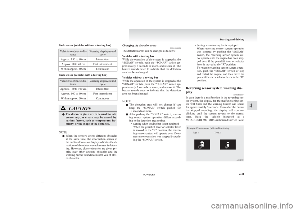 MITSUBISHI ASX 2012 Owners Manual (in English) Back sensor (vehicles without a towing bar)
Vehicle to obstacle dis-
tance Warning display/sound
cycle
Approx. 150 to 80 cm Intermittent Approx. 80 to 40 cm Fast intermittent
Within approx. 40 cm Cont MITSUBISHI ASX 2012 Owners Manual (in English) Back sensor (vehicles without a towing bar)
Vehicle to obstacle dis-
tance Warning display/sound
cycle
Approx. 150 to 80 cm Intermittent Approx. 80 to 40 cm Fast intermittent
Within approx. 40 cm Cont