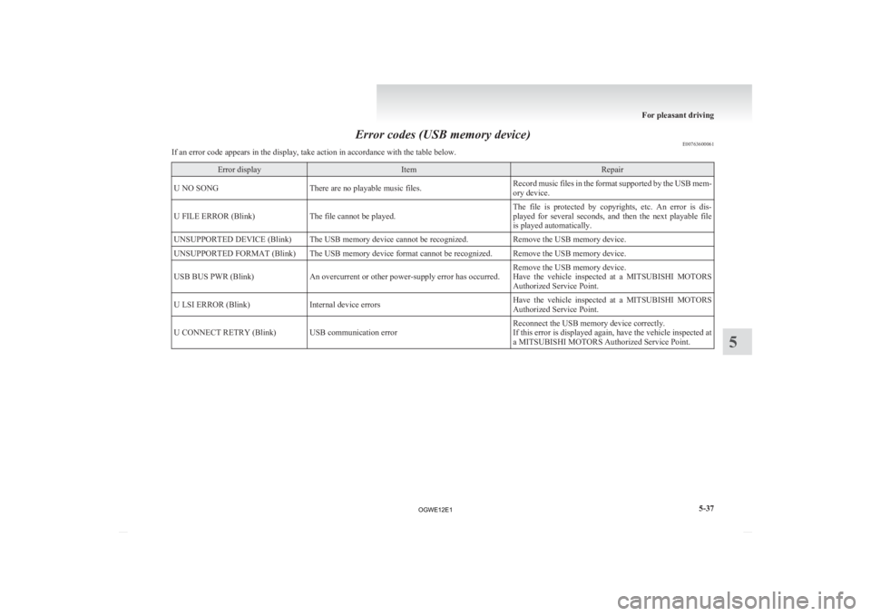 MITSUBISHI ASX 2012 Owners Manual (in English) Error codes (USB memory device)
E00763600061
If an error code appears in the display, take action in accordance with the table below. Error display Item Repair
U NO SONG There are no playable music fi MITSUBISHI ASX 2012 Owners Manual (in English) Error codes (USB memory device)
E00763600061
If an error code appears in the display, take action in accordance with the table below. Error display Item Repair
U NO SONG There are no playable music fi
