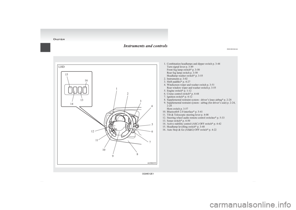 MITSUBISHI ASX 2012  Owners Manual (in English) Instruments and controls
E00100106164 1. Combination headlamps and dipper switch p. 3-44
Turn-signal lever p. 3-49
Front fog lamp switch* p. 3-50
Rear fog lamp switch p. 3-50
Headlamp washer switch* p