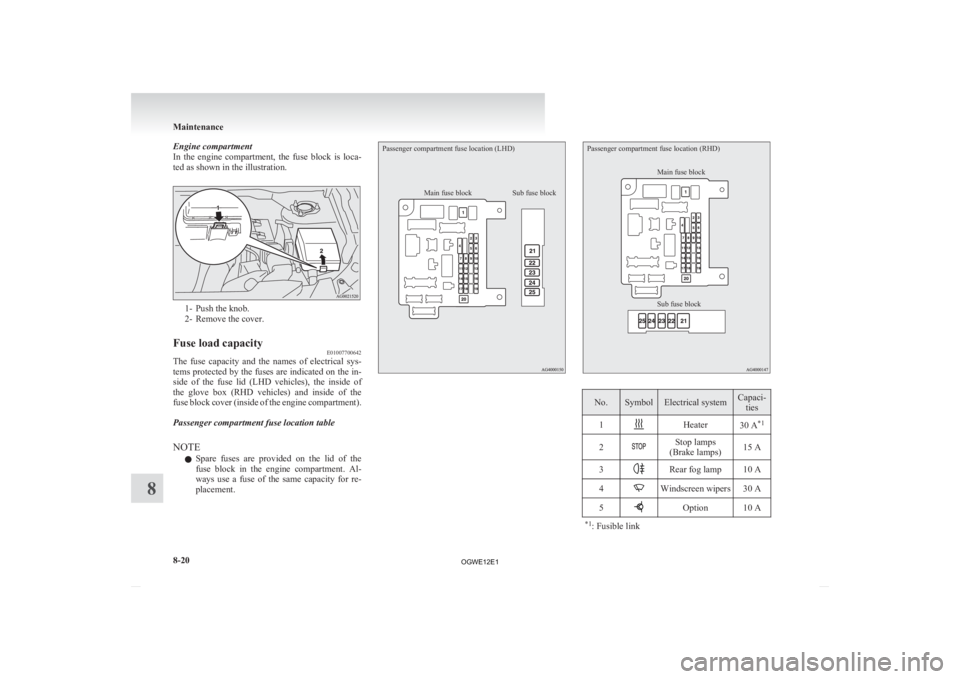 MITSUBISHI ASX 2012  Owners Manual (in English) Engine compartment
In 
the  engine  compartment,  the  fuse  block  is  loca-
ted as shown in the illustration. 1- Push the knob.
2-

Remove the cover.
Fuse load capacity E01007700642
The  fuse  capac