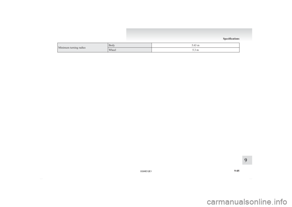 MITSUBISHI ASX 2012  Owners Manual (in English) Minimum turning radius Body
5.63 mWheel
5.3 m Specifications
9-05 9
OGWE12E1  