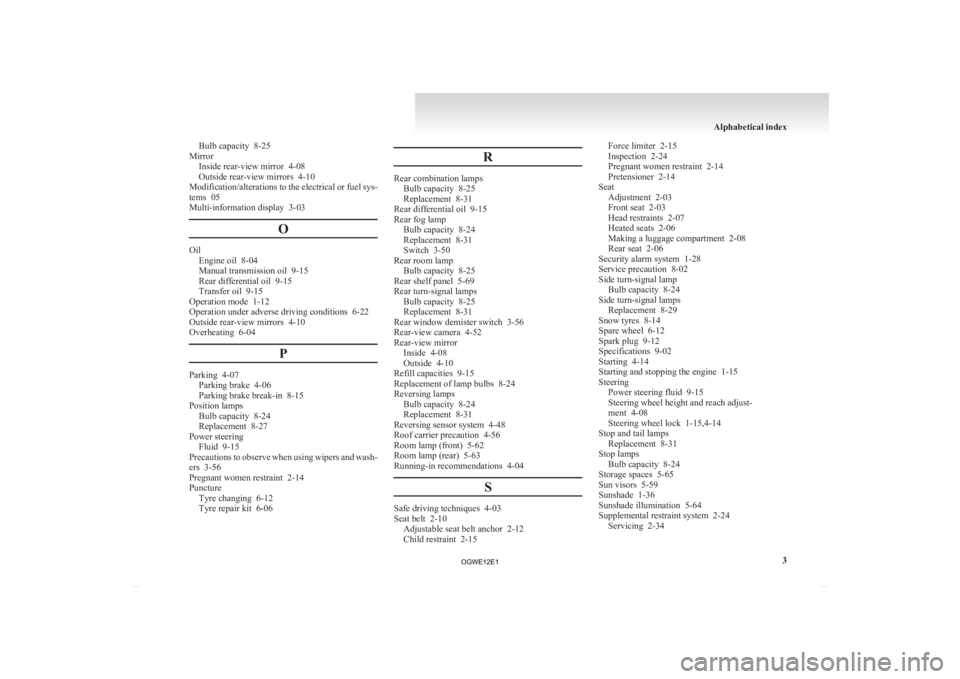 MITSUBISHI ASX 2012 Owners Manual (in English) Bulb capacity 8-25
Mirror Inside rear-view mirror 4-08
Outside rear-view mirrors 4-10
Modification/alterations
to the electrical or fuel sys-
tems 05
Multi-information display 3-03
OOil
Engine o MITSUBISHI ASX 2012 Owners Manual (in English) Bulb capacity 8-25
Mirror Inside rear-view mirror 4-08
Outside rear-view mirrors 4-10
Modification/alterations
to the electrical or fuel sys-
tems 05
Multi-information display 3-03
OOil
Engine o