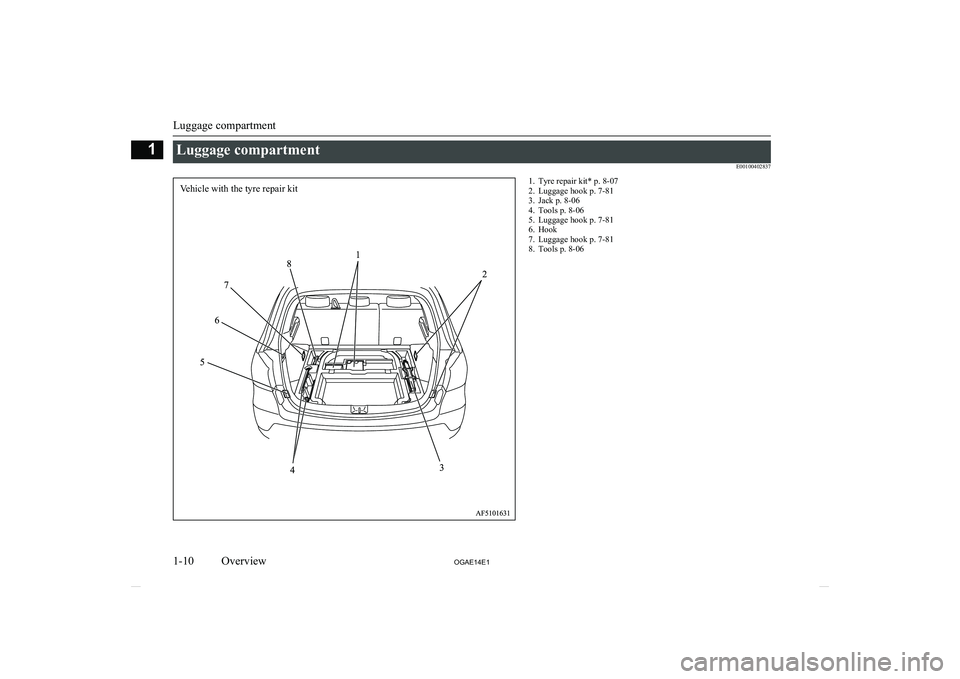 MITSUBISHI ASX 2014   (in English) User Guide Luggage compartmentE001004028371. Tyre repair kit* p. 8-072. Luggage hook p. 7-81
3. Jack p. 8-06
4. Tools p. 8-06
5. Luggage hook p. 7-81
6. Hook
7. Luggage hook p. 7-81
8. Tools p. 8-06
Luggage comp