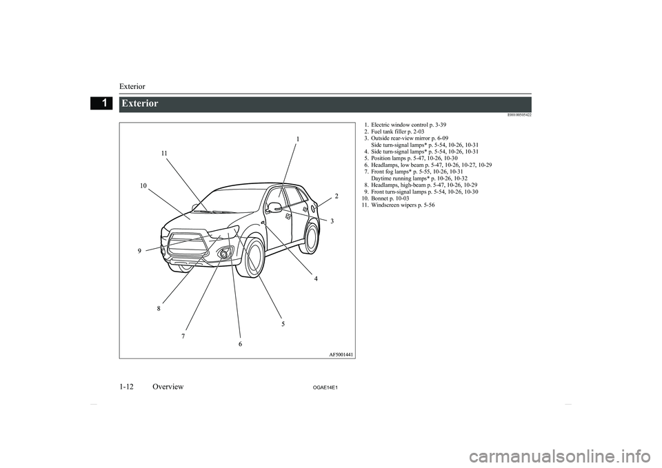 MITSUBISHI ASX 2014 Owners Manual (in English) ExteriorE001005054221. Electric window control p. 3-392. Fuel tank filler p. 2-03
3. Outside rear-view mirror p. 6-09 Side turn-signal lamps* p. 5-54, 10-26, 10-31
4. Side turn-signal lamps* p. 5-54, MITSUBISHI ASX 2014 Owners Manual (in English) ExteriorE001005054221. Electric window control p. 3-392. Fuel tank filler p. 2-03
3. Outside rear-view mirror p. 6-09 Side turn-signal lamps* p. 5-54, 10-26, 10-31
4. Side turn-signal lamps* p. 5-54,