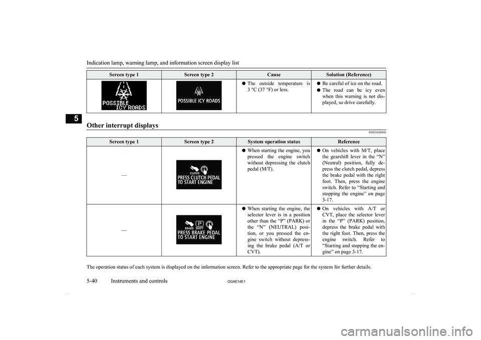 MITSUBISHI ASX 2014 Owners Manual (in English) Screen type 1Screen type 2CauseSolution (Reference)lThe outside temperature is
3 °C (37 °F) or less.l Be careful of ice on the road.
l The road can be icy even
when this warning is not MITSUBISHI ASX 2014 Owners Manual (in English) Screen type 1Screen type 2CauseSolution (Reference)lThe outside temperature is
3 °C (37 °F) or less.l Be careful of ice on the road.
l The road can be icy even
when this warning is not
