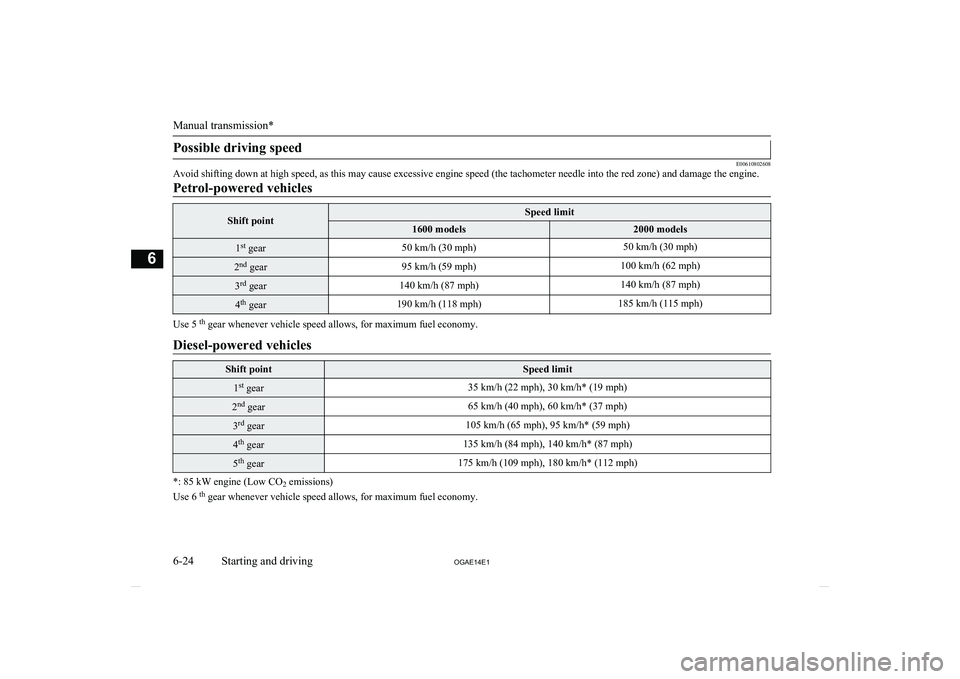 MITSUBISHI ASX 2014 Owners Manual (in English) Possible driving speed
E00610802608
Avoid shifting down at high speed, as this may cause excessive engine speed (the tachometer needle into the red zone) and damage the engine.
Petrol-powered vehicles MITSUBISHI ASX 2014 Owners Manual (in English) Possible driving speed
E00610802608
Avoid shifting down at high speed, as this may cause excessive engine speed (the tachometer needle into the red zone) and damage the engine.
Petrol-powered vehicles