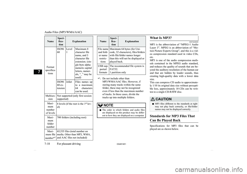MITSUBISHI ASX 2014 Owners Manual (in English) Name
Speci-fica-tion
Explanation
Format
specifica- tions
ISO96
60Level
1Maximum 8
character file
name, and 3
character file
extension. (sin-
gle-byte alpha-
numeric capital
letters, numer-
als, “_ MITSUBISHI ASX 2014 Owners Manual (in English) Name
Speci-fica-tion
Explanation
Format
specifica- tions
ISO96
60Level
1Maximum 8
character file
name, and 3
character file
extension. (sin-
gle-byte alpha-
numeric capital
letters, numer-
als, “_