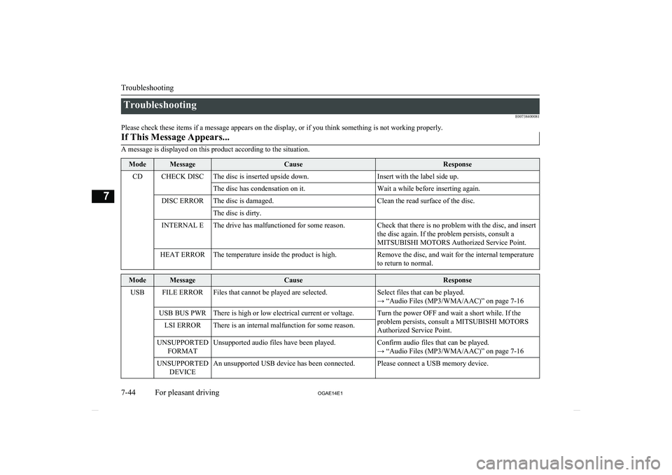 MITSUBISHI ASX 2014  Owners Manual (in English) TroubleshootingE00738400081
Please check these items if a message appears on the display, or if you think something is not working properly.If This Message Appears...
A message is displayed on this pr