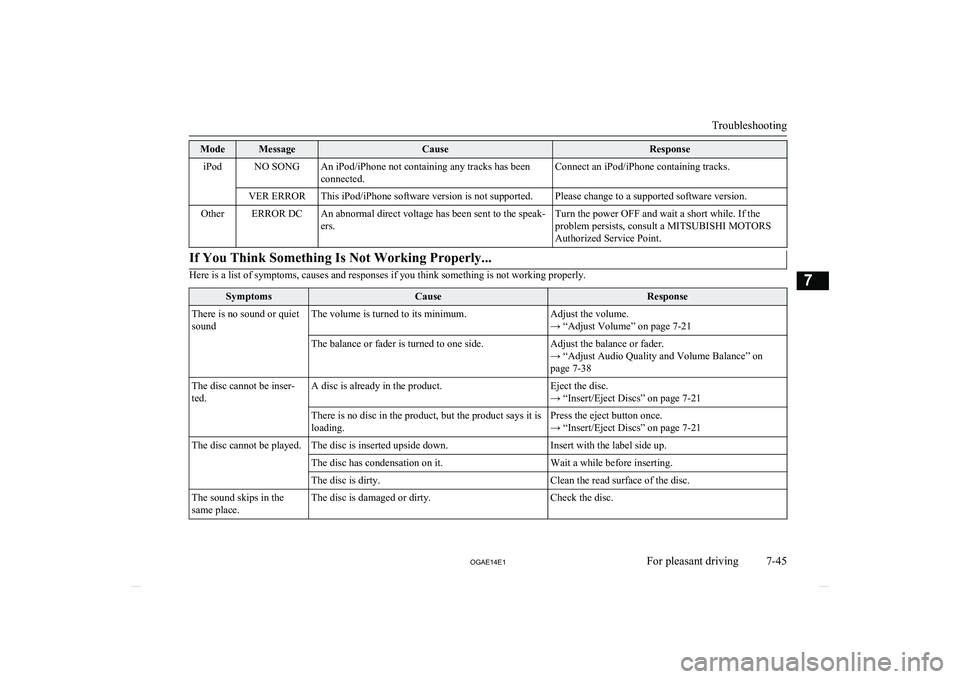 MITSUBISHI ASX 2014 Owners Manual (in English) ModeMessageCauseResponseiPodNO SONGAn iPod/iPhone not containing any tracks has been
connected.Connect an iPod/iPhone containing tracks.VER ERRORThis iPod/iPhone software version is not supported.Plea MITSUBISHI ASX 2014 Owners Manual (in English) ModeMessageCauseResponseiPodNO SONGAn iPod/iPhone not containing any tracks has been
connected.Connect an iPod/iPhone containing tracks.VER ERRORThis iPod/iPhone software version is not supported.Plea