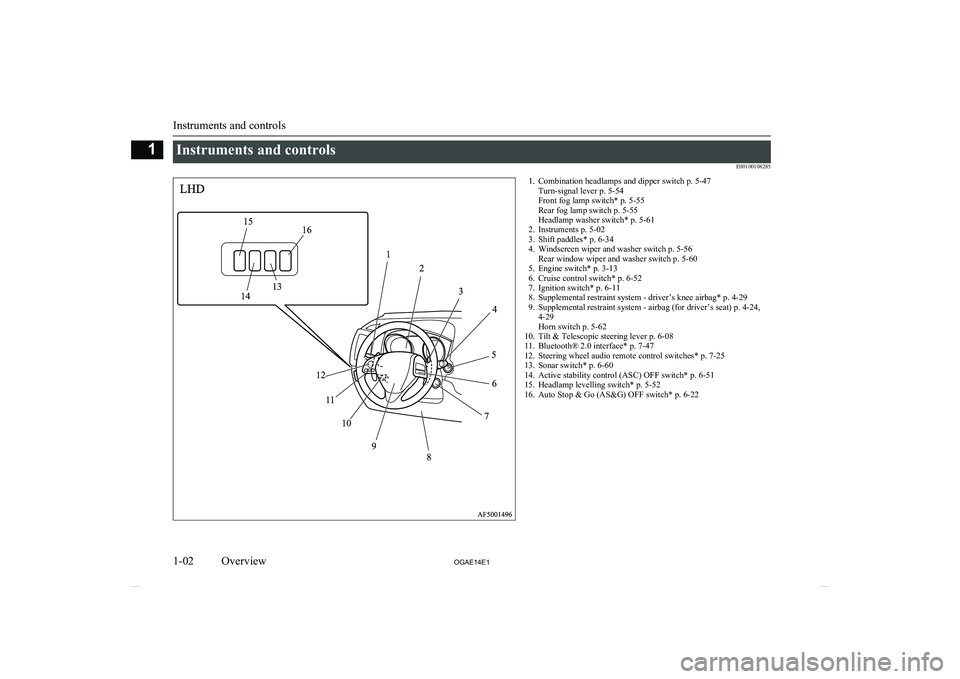 MITSUBISHI ASX 2014 Owners Manual (in English) Instruments and controlsE001001082851. Combination headlamps and dipper switch p. 5-47Turn-signal lever p. 5-54
Front fog lamp switch* p. 5-55
Rear fog lamp switch p. 5-55
Headlamp washer switch* p. 5 MITSUBISHI ASX 2014 Owners Manual (in English) Instruments and controlsE001001082851. Combination headlamps and dipper switch p. 5-47Turn-signal lever p. 5-54
Front fog lamp switch* p. 5-55
Rear fog lamp switch p. 5-55
Headlamp washer switch* p. 5