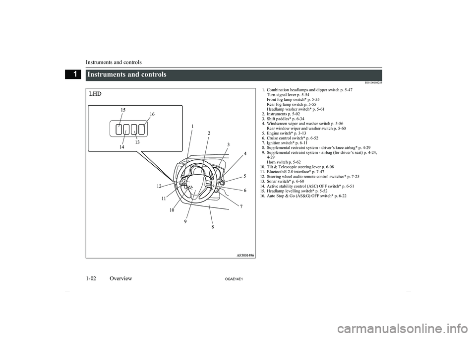 MITSUBISHI ASX 2014  Owners Manual (in English) Instruments and controlsE001001082851. Combination headlamps and dipper switch p. 5-47Turn-signal lever p. 5-54
Front fog lamp switch* p. 5-55
Rear fog lamp switch p. 5-55
Headlamp washer switch* p. 5