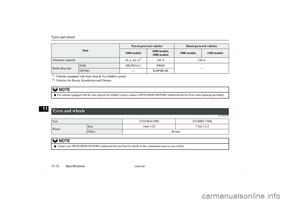 MITSUBISHI ASX 2014  Owners Manual (in English) Item
Petrol-powered vehiclesDiesel-powered vehicles1600 models1800 models,2000 models1800 models2200 modelsAlternator capacity95 A, 85 A *2105 A130 ASpark plug typeNGKDILFR5A11FR6EI—DENSO—K20PSR-B