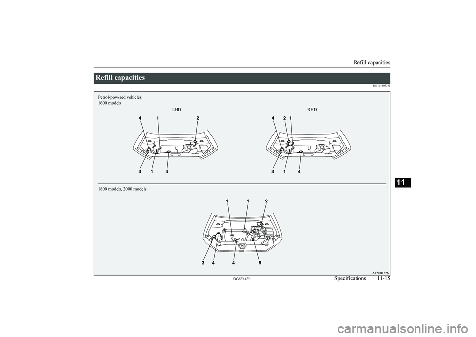 MITSUBISHI ASX 2014  Owners Manual (in English) Refill capacitiesE01101305743
Refill capacities
11-15
OGAE14E1Specifications11Petrol-powered vehicles  1600 modelsRHD
LHD
1800 models, 2000 models  