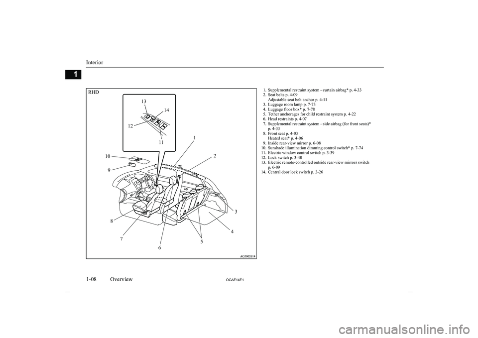 MITSUBISHI ASX 2014  Owners Manual (in English) 1. Supplemental restraint system - curtain airbag* p. 4-33
2. Seat belts p. 4-09 Adjustable seat belt anchor p. 4-11
3. Luggage room lamp p. 7-73
4. Luggage floor box* p. 7-78
5. Tether anchorages for