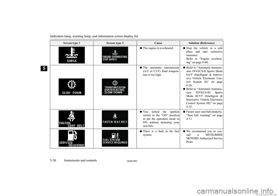 MITSUBISHI ASX 2015  Owners Manual (in English) Screen type 1Screen type 2CauseSolution (Reference)lThe engine is overheated.lStop  the  vehicle  in  a  safe
place  and  take  corrective measures.
Refer  to  “Engine  overheat-
ing” on page 8-04