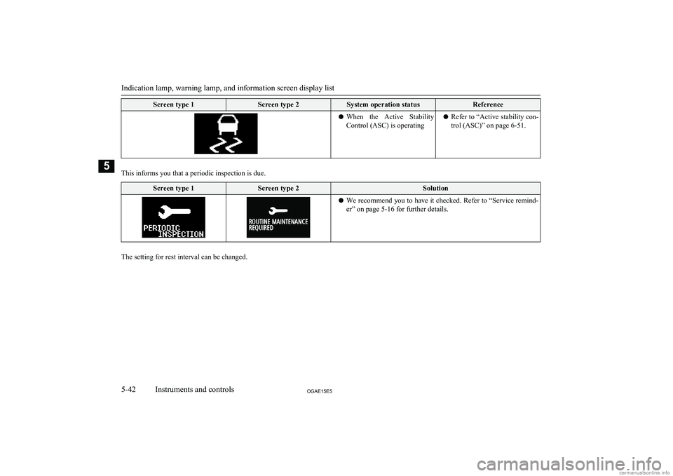 MITSUBISHI ASX 2015  Owners Manual (in English) Screen type 1Screen type 2System operation statusReferencelWhen  the  Active  Stability
Control (ASC) is operatingl Refer to “Active stability con-
trol (ASC)” on page 6-51.
 
This informs you tha