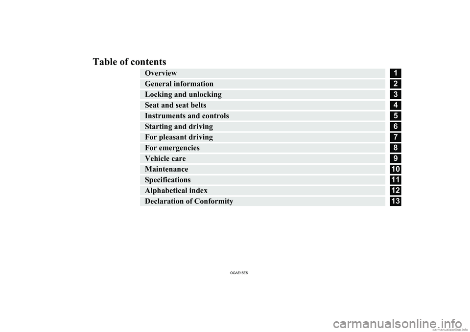 MITSUBISHI ASX 2015  Owners Manual (in English) Table of contents
Overview
1
General information
2
Locking and unlocking
3
Seat and seat belts
4
Instruments and controls
5
Starting and driving
6
For pleasant driving
7
For emergencies
8
Vehicle care